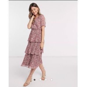 ASOS Y.A.S tiered midi dress in pink floral size xs